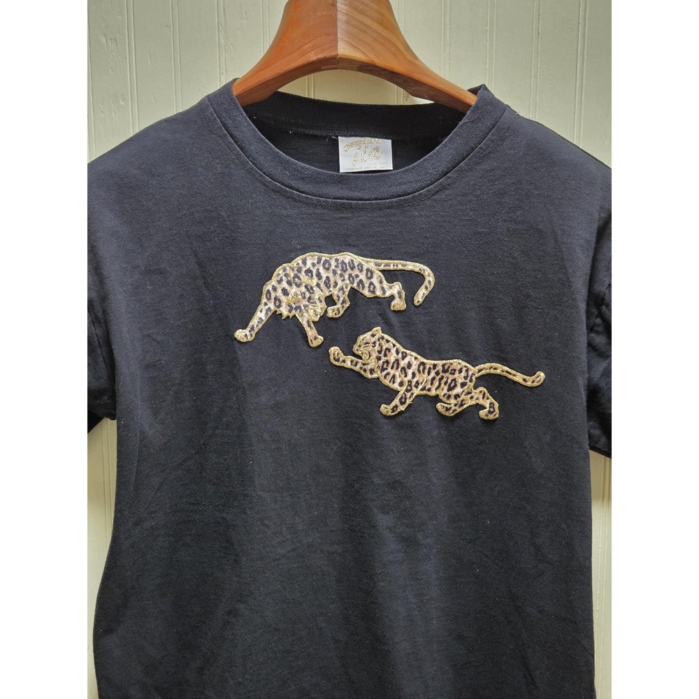 Tia‎ Designs Shirt Womens XL Black Leopard Embroidered Applique Short Sleeve Top